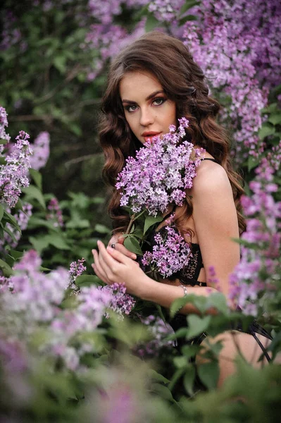 Beautiful Young Woman Long Hair Purple Dress Summer Garden — Stok fotoğraf