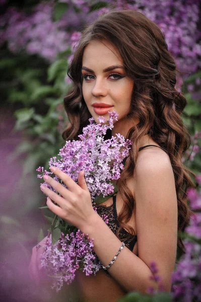 Beautiful Girl Pink Dress Lavender Field — Stok fotoğraf