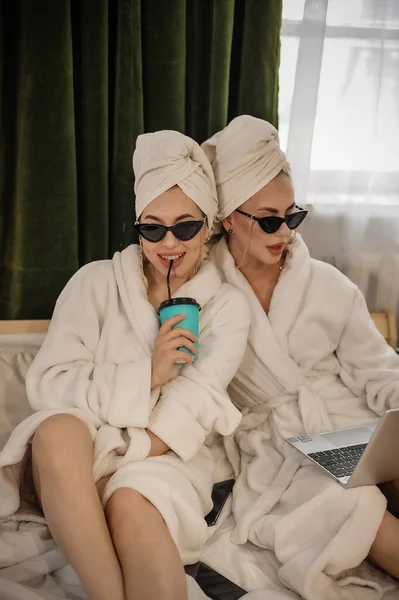 Beautiful Young Women Bathrobe White Towel Sitting Sofa Drinking Coffee —  Fotos de Stock