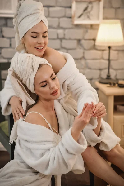 Beautiful Young Woman Bathrobe Towel Her Face Spa Salon — 스톡 사진