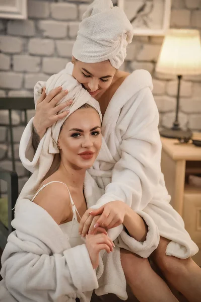 Beautiful Young Woman White Bathrobe Towel Her Face Bathroom — Stockfoto
