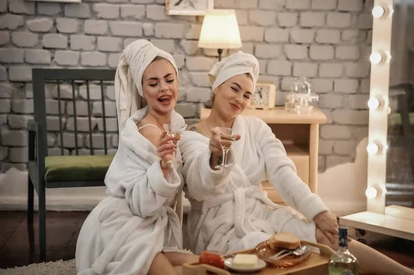 Beautiful Young Women Bathrobe Towel Spa Salon — Stockfoto