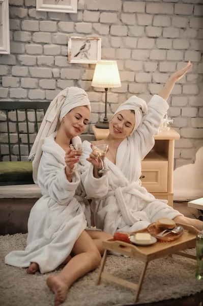 Beautiful Young Women Bathrobe Towel Having Breakfast Spa Salon — Stock fotografie