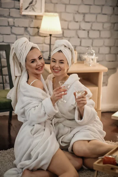 Beautiful Young Women Bathrobe Towel Sitting Sofa Drinking Coffee —  Fotos de Stock