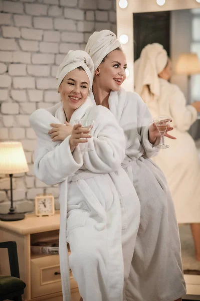 Beautiful Young Women Bathrobe Towel Bathrobes Spa Salon — Foto de Stock