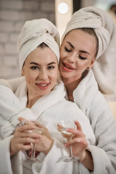 Two Beautiful Women Bathrobe Towel Smiling Looking Camera — Stockfoto