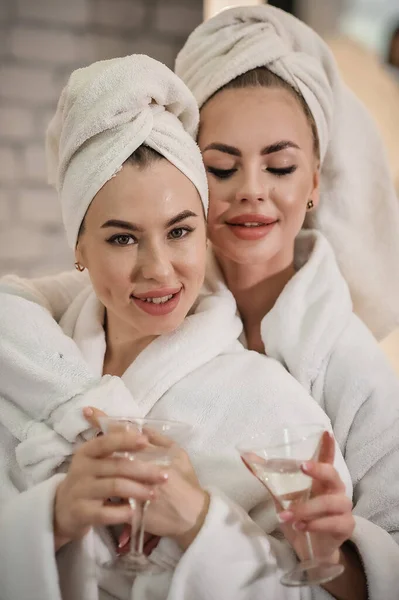 Two Beautiful Women Bathrobe Towel Spa Salon — ストック写真