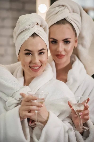 Two Beautiful Women Bathrobe Towel Spa Salon — Stock fotografie