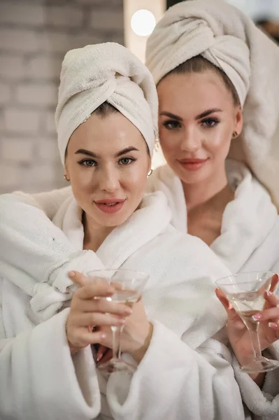 Two Beautiful Women Bathrobe Towel Spa Salon — Stockfoto