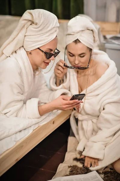 Young Woman Bathrobe Towel Bed Coffee Drinking Tea — 스톡 사진