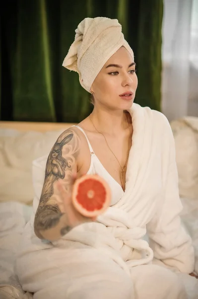 Beautiful Young Woman Towel Her Face Bathroom — Stock Photo, Image