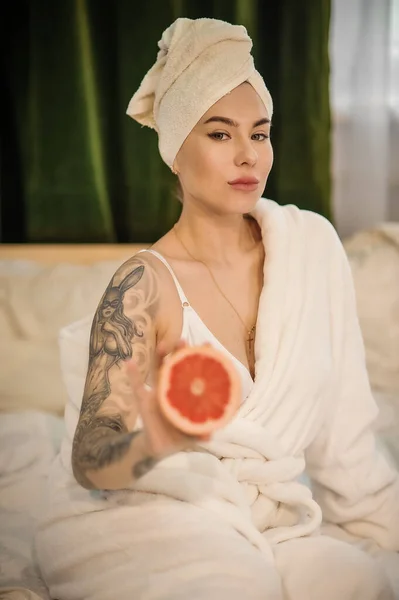 Beautiful Young Woman Towel Her Face Bathroom — Stock Photo, Image