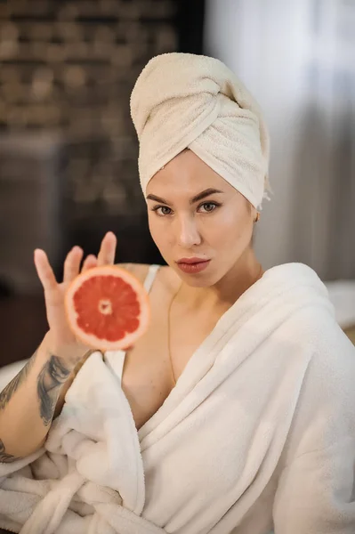 Beautiful Young Woman Towel Her Head Holding Grapefruit Bathroom — Foto de Stock