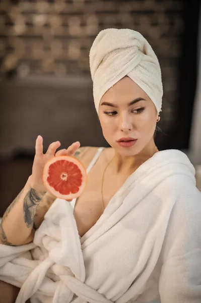 Beautiful Young Woman Mask Her Head Holding Towel Bathroom — Stock Photo, Image