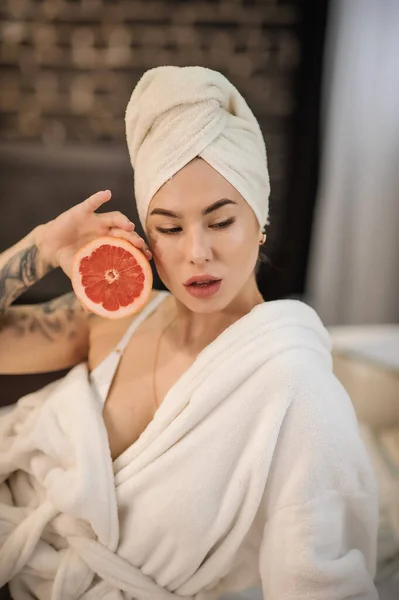 Portrait Beautiful Woman Mask Young Girl White Towel — Stock Photo, Image