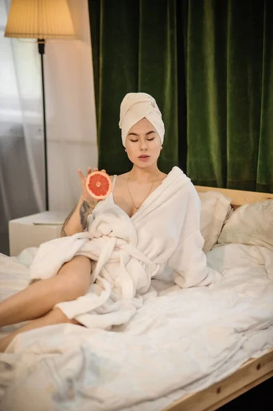 Beautiful Young Woman Bathrobe White Towel Lying Bed Spa Salon — Stock Photo, Image