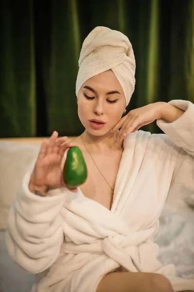 Beautiful Young Woman Towel Her Face Spa Salon — Foto de Stock