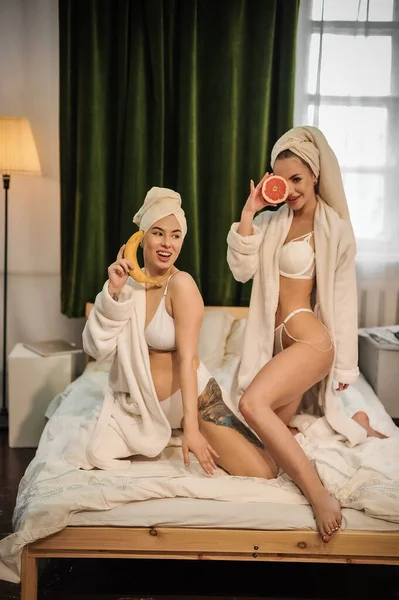 Beautiful Young Women Bathrobes Spa Salon — Photo