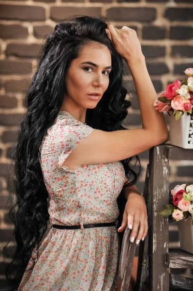 Beautiful Young Woman Long Curly Hair White Dress Wooden Background — Foto de Stock