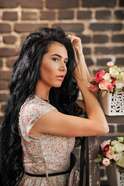 Beautiful Young Woman Curly Hair White Dress Posing Studio — Stockfoto