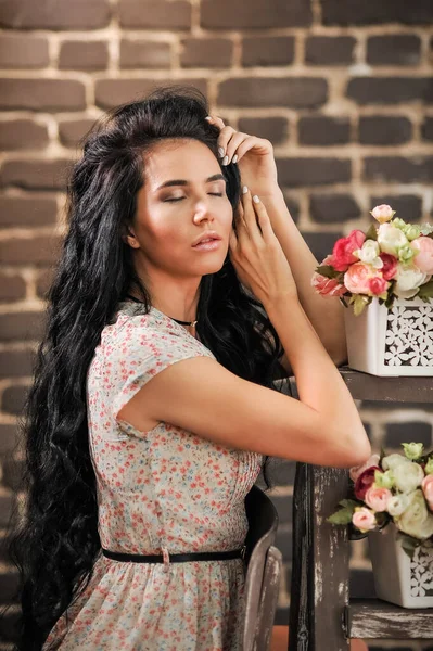 Beautiful Young Woman Long Hair White Dress Brick Wall Background — Stockfoto