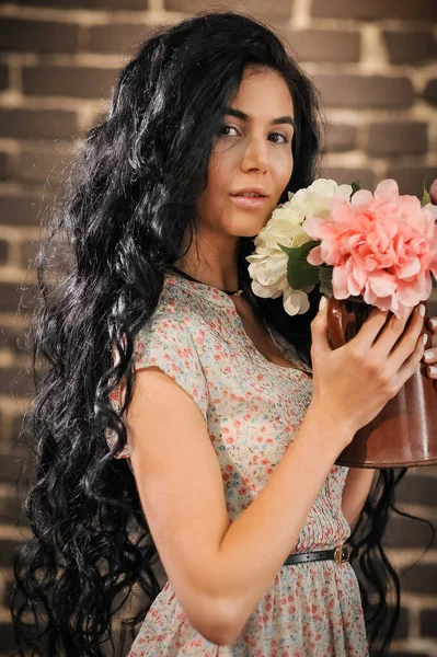 Young Beautiful Girl Elegant Dress Flowers Hands Background Window — Stockfoto
