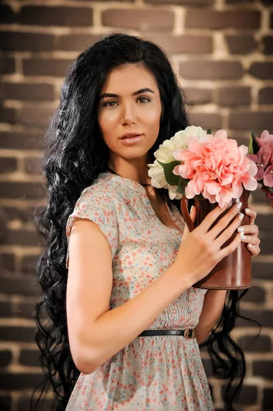 Beautiful Young Woman Curly Hair Dress Background Flowers — 스톡 사진