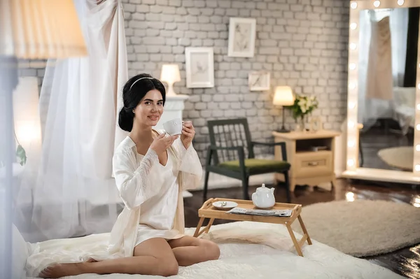 Beautiful Young Woman White Bathrobe Sitting Bed Drinking Coffee — Photo