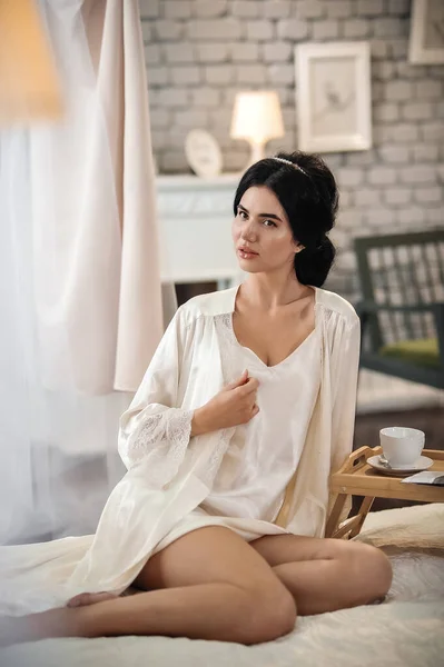 Beautiful Young Woman White Bathrobe Sitting Bed Drinking Coffee — ストック写真
