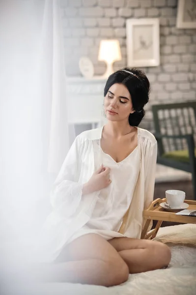Beautiful Young Woman White Shirt Black Lingerie Sitting Bed Looking — 스톡 사진