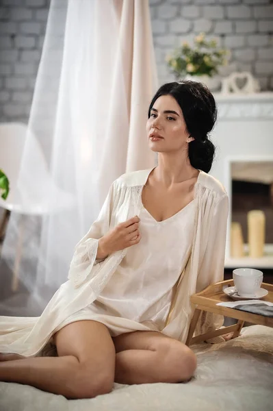 Beautiful Young Brunette Girl White Shirt Beige Lingerie Sitting Room — Stok fotoğraf
