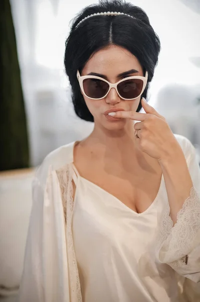 Beautiful Young Woman White Dress Sunglasses Posing Interior Window — 图库照片
