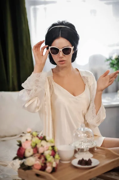 Beautiful Young Woman White Dress Sunglasses Posing Cafe — 스톡 사진