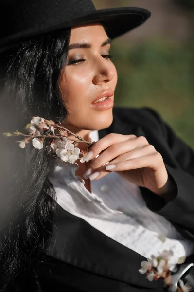 Beautiful Young Woman Black Dress Hat Veil — Stok fotoğraf