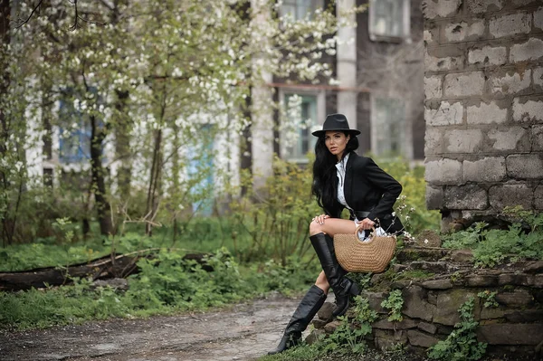 Young Woman Hat Black Jacket Cap Walks Park — 스톡 사진