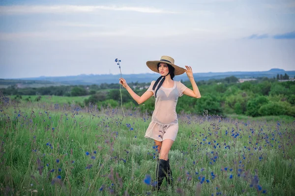 Young Beautiful Girl Hat Blue Dress Walks Field Sunflower — Stockfoto