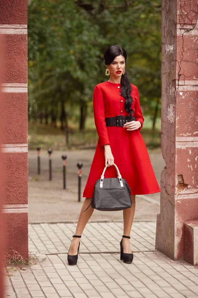 Beautiful Young Woman Red Dress Black Skirt Coat Walking Street — Stock Photo, Image