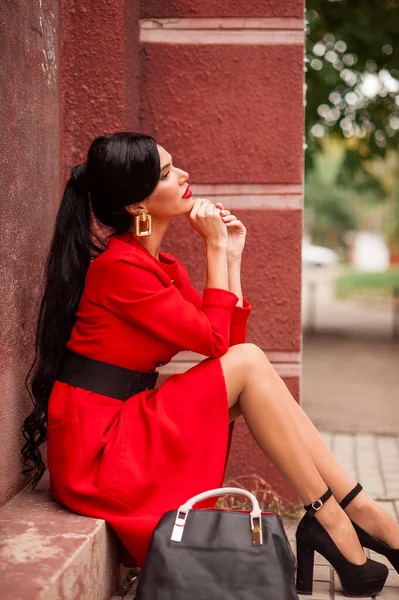 Young Beautiful Woman Red Dress Jacket Street — Stockfoto