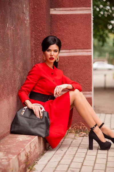 Beautiful Young Woman Red Dress Black Leather Jacket Sunglasses Posing — Zdjęcie stockowe