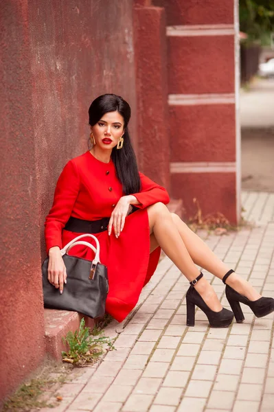 Beautiful Young Woman Red Dress Black Skirt Posing Street — стоковое фото