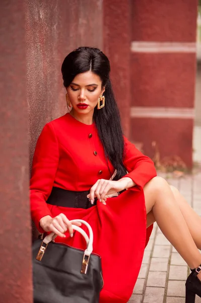 Beautiful Young Woman Red Dress Black Leather Jacket Sunglasses Posing — Stockfoto