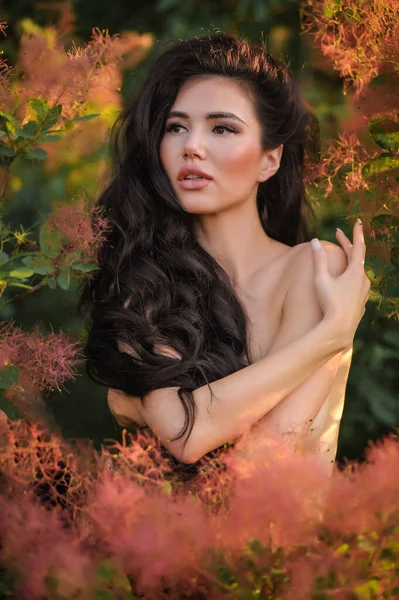 Beautiful Young Woman Long Hair Black Dress Forest — Stok fotoğraf