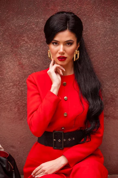 Beautiful Young Woman Red Dress Black Leather Jacket Posing Dark — Stock fotografie