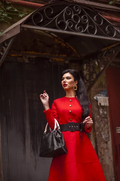 Beautiful Young Woman Red Dress Black Jacket Bag Coffee — Φωτογραφία Αρχείου