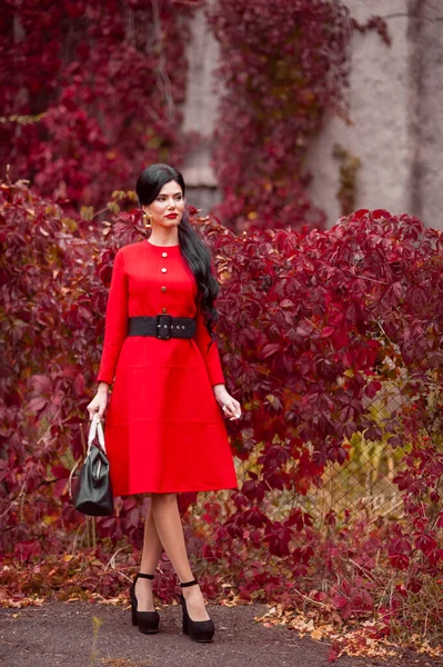 Beautiful Young Woman Red Coat Black Dress Posing Street — Zdjęcie stockowe