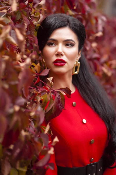 Beautiful Young Woman Red Lips Autumn Park — Stock Photo, Image