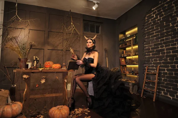 Beautiful Young Woman Halloween Costume Witch Hat Black Cat — Foto de Stock