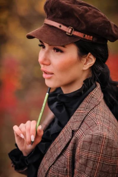 Portrait Beautiful Young Woman Hat Jacket — Stock Photo, Image