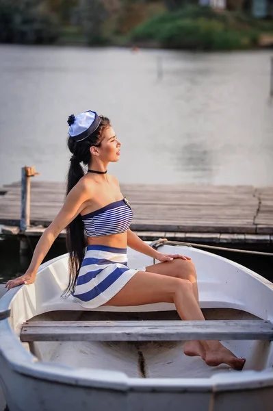 Woman White Swimsuit Sitting Pier River — Photo