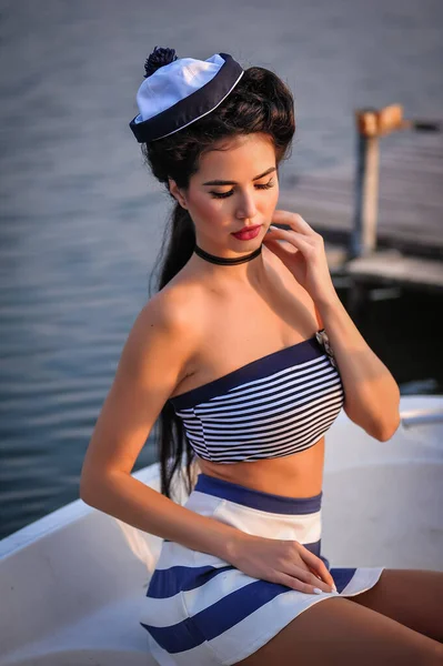 Young Beautiful Woman Bikini Boat Pier — Stockfoto